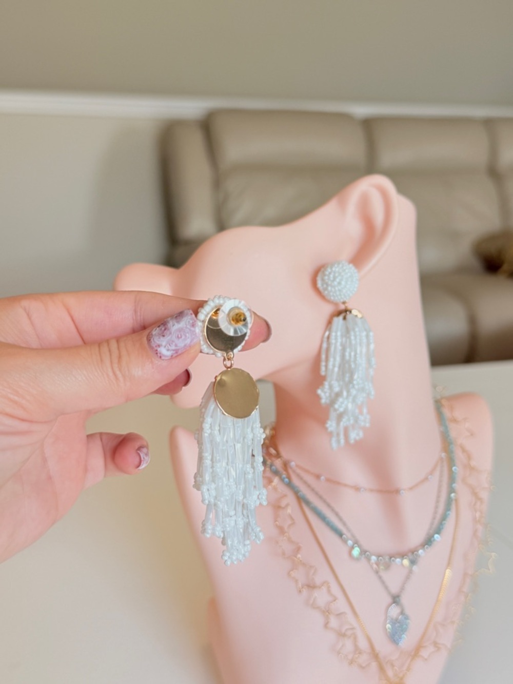 White Beaded Tassel Drop Earrings - Picture 7 of 12